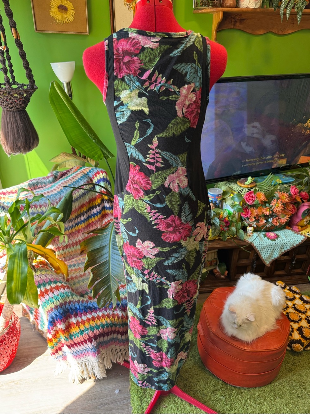 Tropical Floral Racerback Midi Dress in Black and Pink
